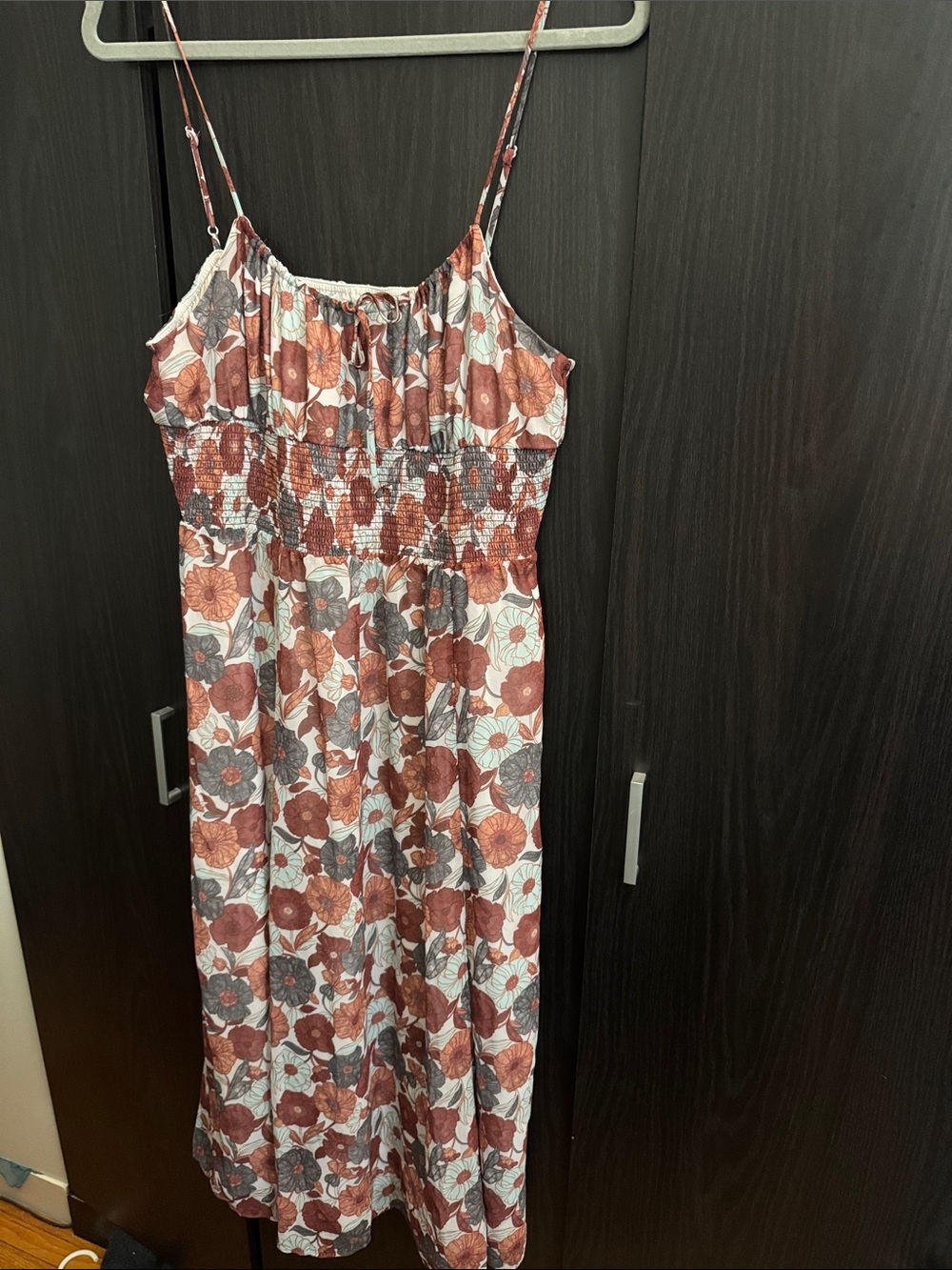Wilfred Floral Smocked Dress in Rust and Light Blue
